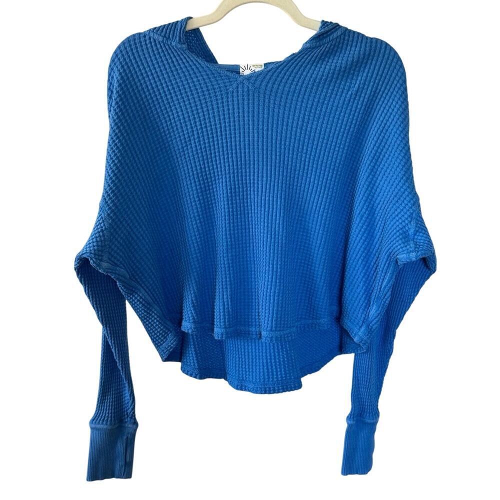 aerie Bright Blue Waffle Knit Hooded Pullover Sweater